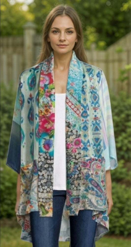 Johnny Was L 100% Silk Kimono Top Wrap Jacket Lightweight Cool Summer BOHO Johnny Was