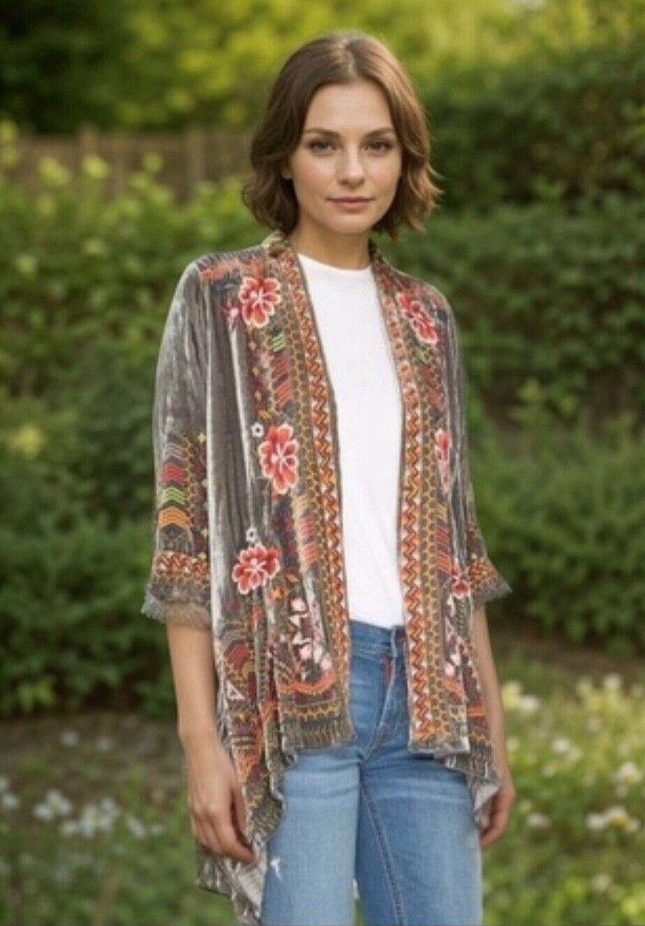 Johnny Was XL 1X Grey Velvet Kimono Duster Wrap Jacket Embroidered Coat