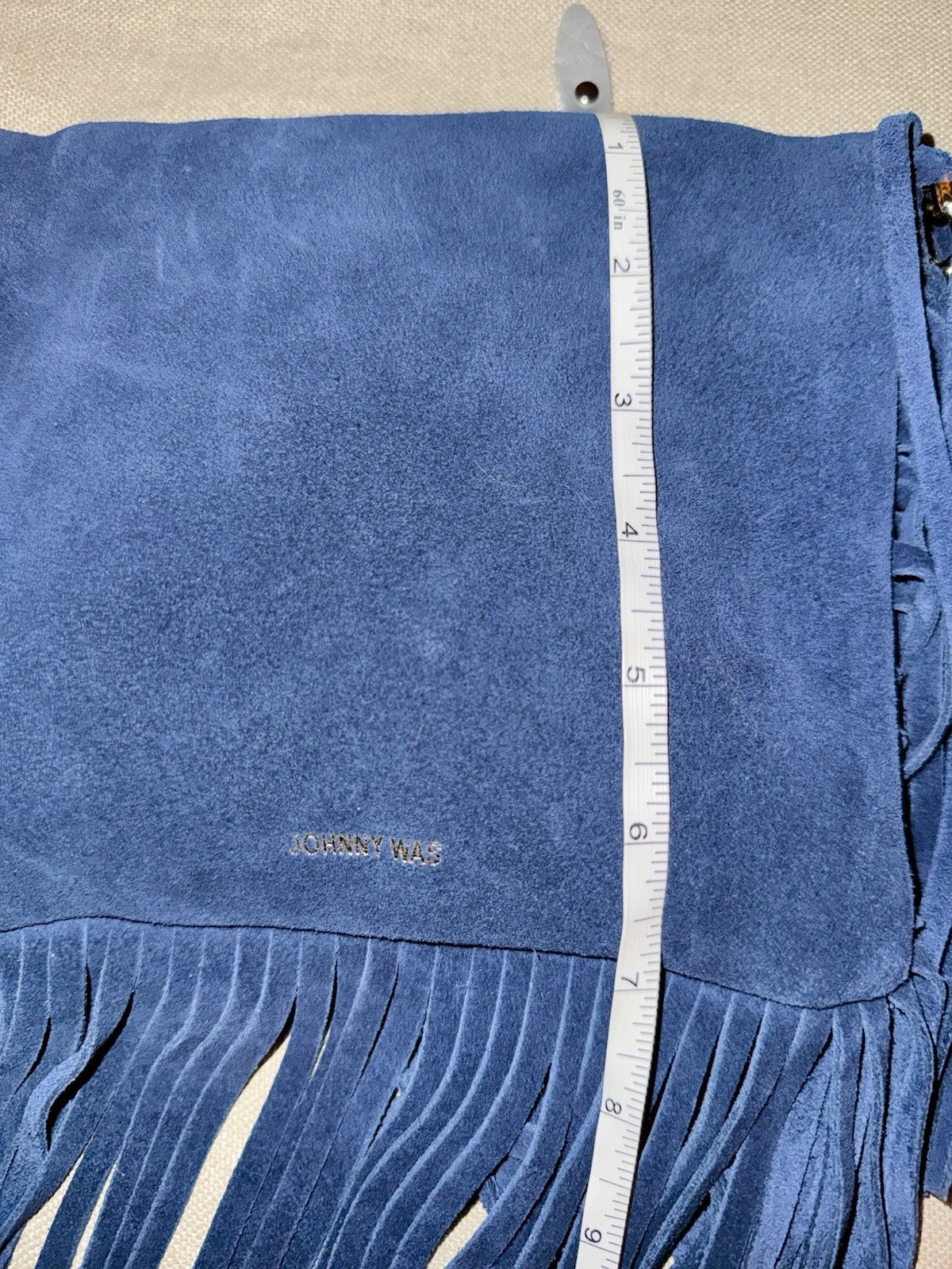 Johnny Was Blue Suede Leather & Fringe Crossbody Bag Purse Shoulder Tote Johnny Was