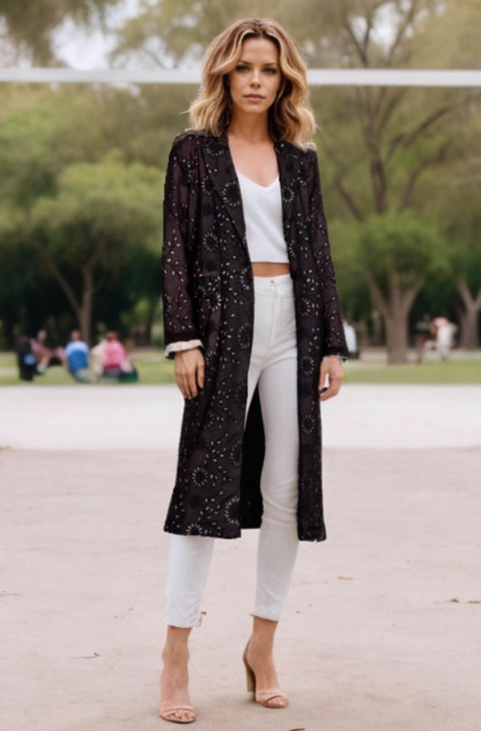 Johnny Was XL Black Eyelet Lace Long Silk Kimono Duster Wrap Coat Jacket Johnny Was