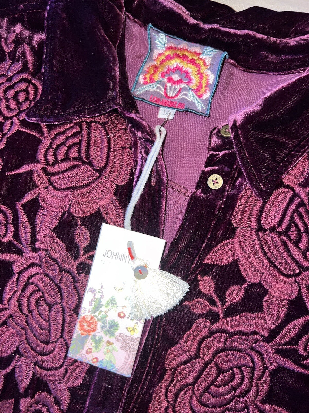 Johnny Was 1X Burgundy Wine Velvet Embroidered Shirt Tunic Top Button Up Johnny Was