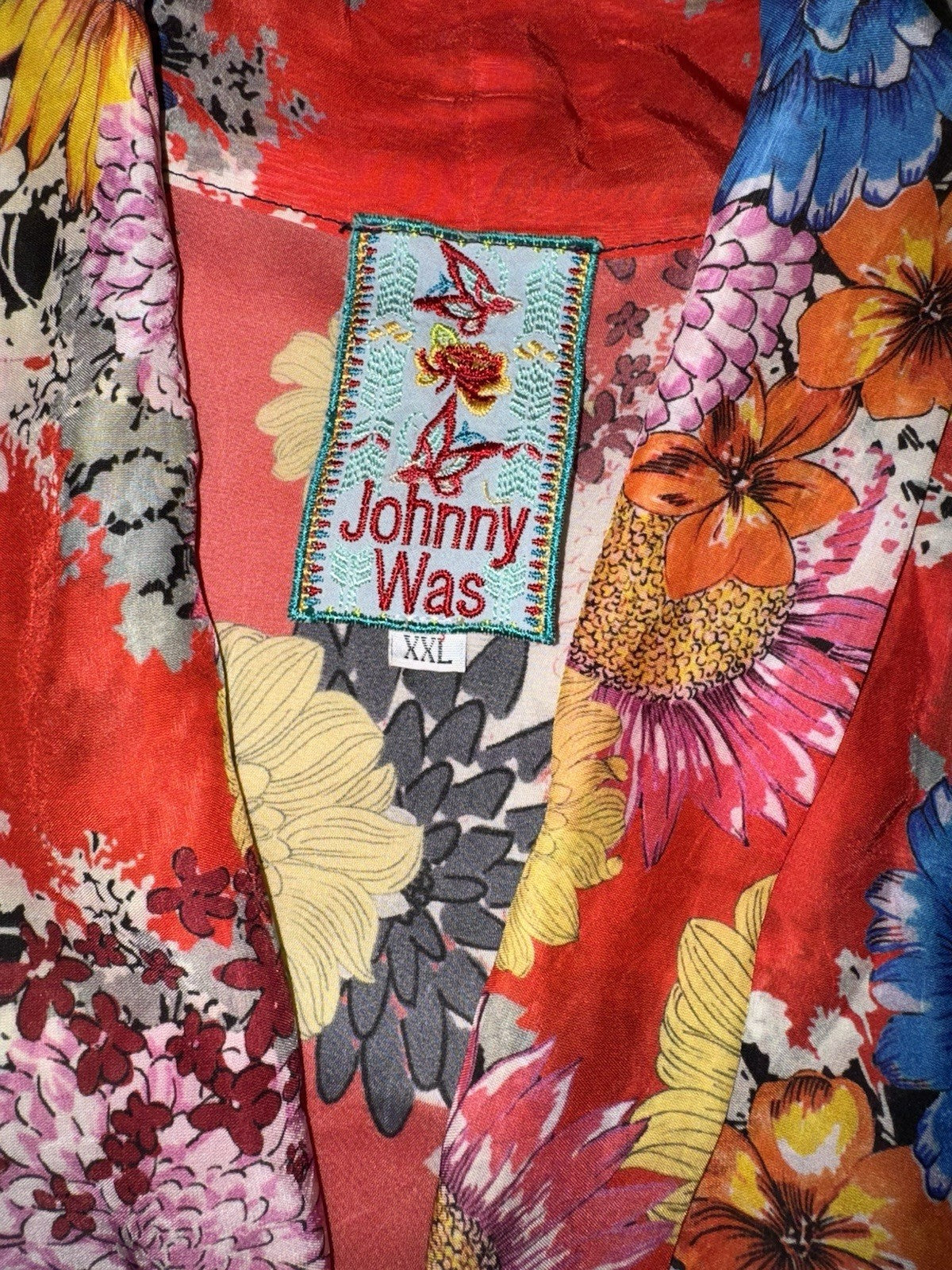 Johnny Was XXL 100% Silk Kimono Red & Black Floral Wrap Lightweight Cool Jacket Johnny Was