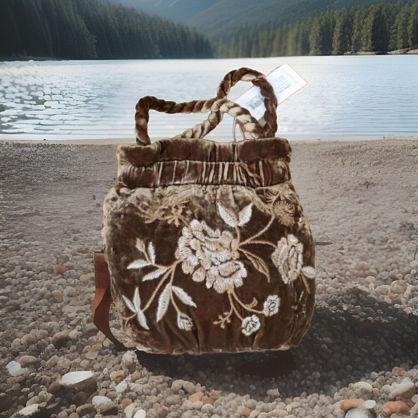 Johnny Was Gold Brown Velvet Embroidered Hobo Bucket Bag Tote Purse Crossbody