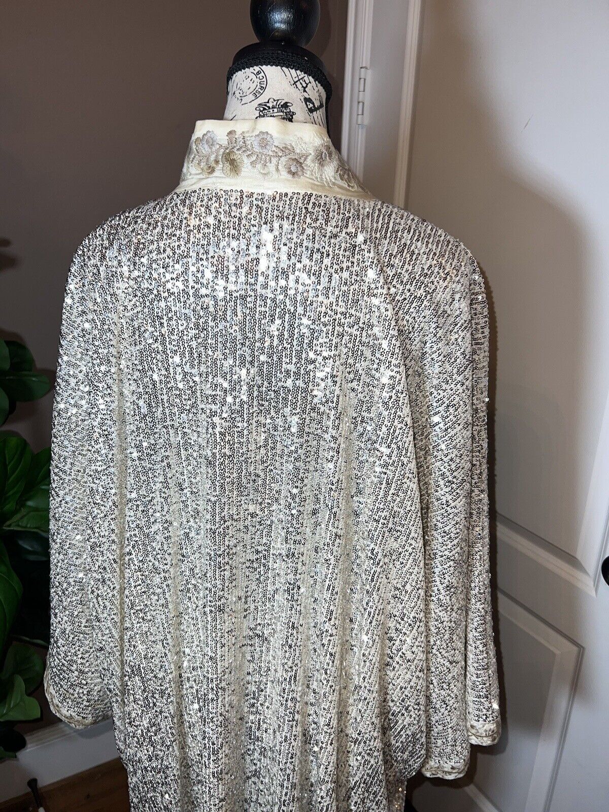 Johnny Was Long Silk & Sequin Ivory KIMONO Duster Wrap PTP-28” OVERSIZED S