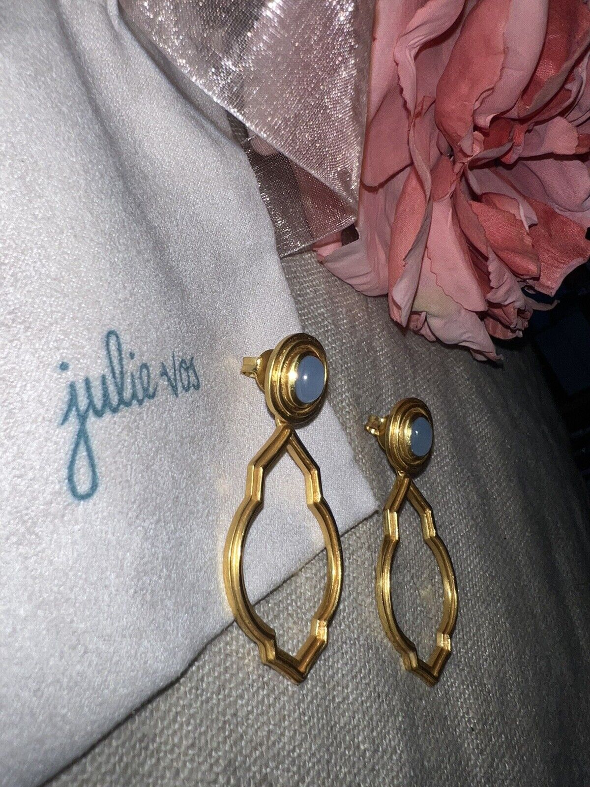 New Julie Vos AMAZING Blue Stone Statement Earrings 24k Gold Plated