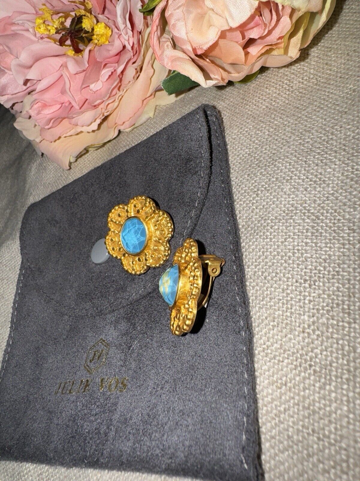 Julie Vos Pacific Blue 24k Gold Plate Flower Clip On Statement Earrings