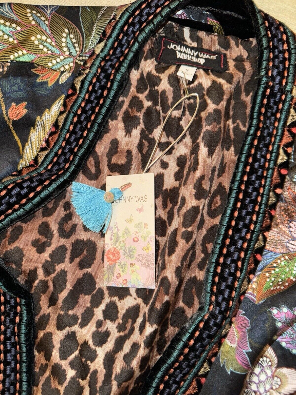 Johnny Was Leopard Print Silk Lined Kimono Duster Wrap M Velvet Trim Pockets