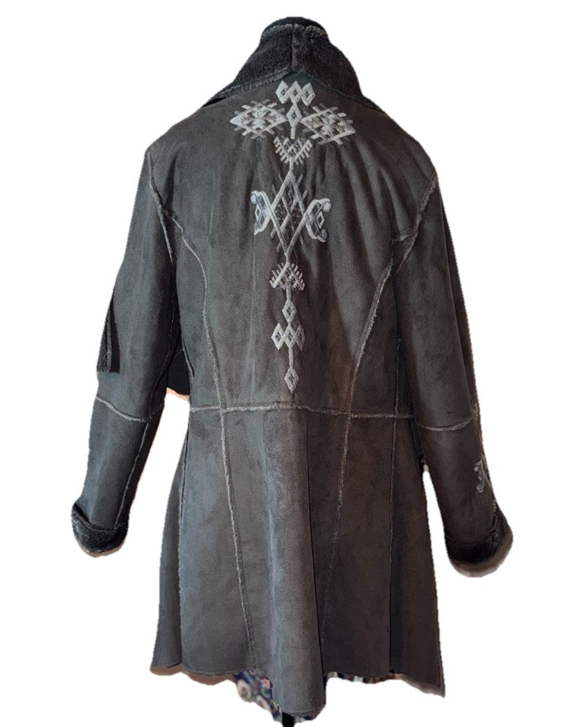 Johnny Was M Black Fuzzy Fur & Faux Suede Coat Jacket Wrap Pockets Western Johnny Was