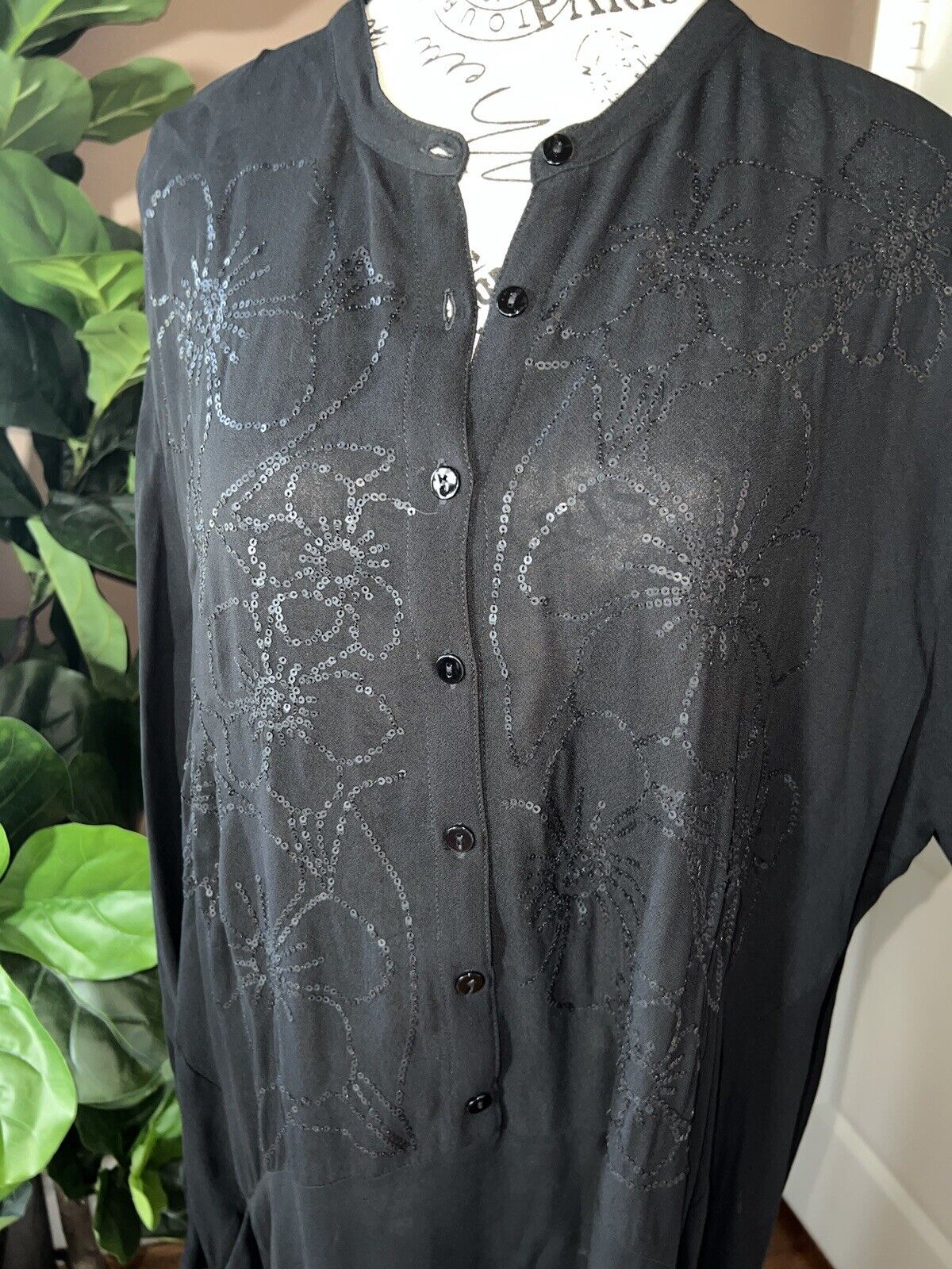 Johnny Was Black L Large Maxi Dress Long Flowy Handkerchief Hem Sequins