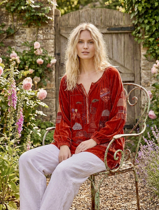 Johnny Was L Red Velvet Peasant Blouse Embroidered Tunic Top Shirt BOHO Johnny Was