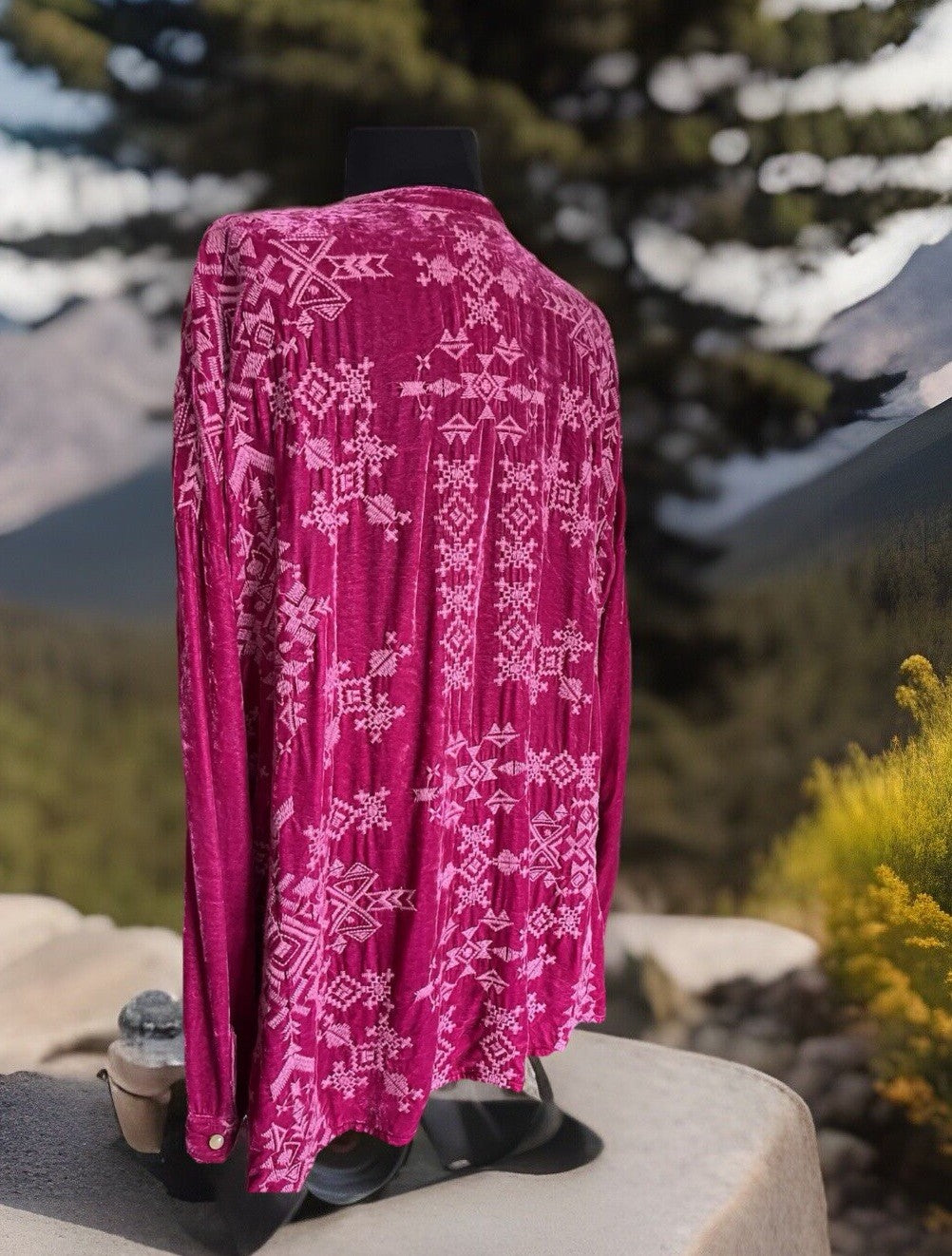 Johnny Was XL 1X Velvet Fuchsia Pink Button Up Shirt Tunic Top Blouse Johnny Was