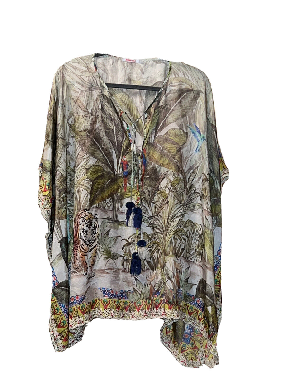 Johnny Was 100% Silk O/S Plus Cover Up Kaftan Kimono Tunic Top Tassels