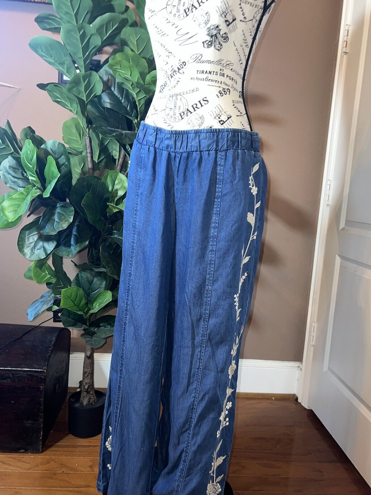 Johnny Was 2pc Set Denim XL Kimono & L Wide Leg Pants Embroidered Crane RARE