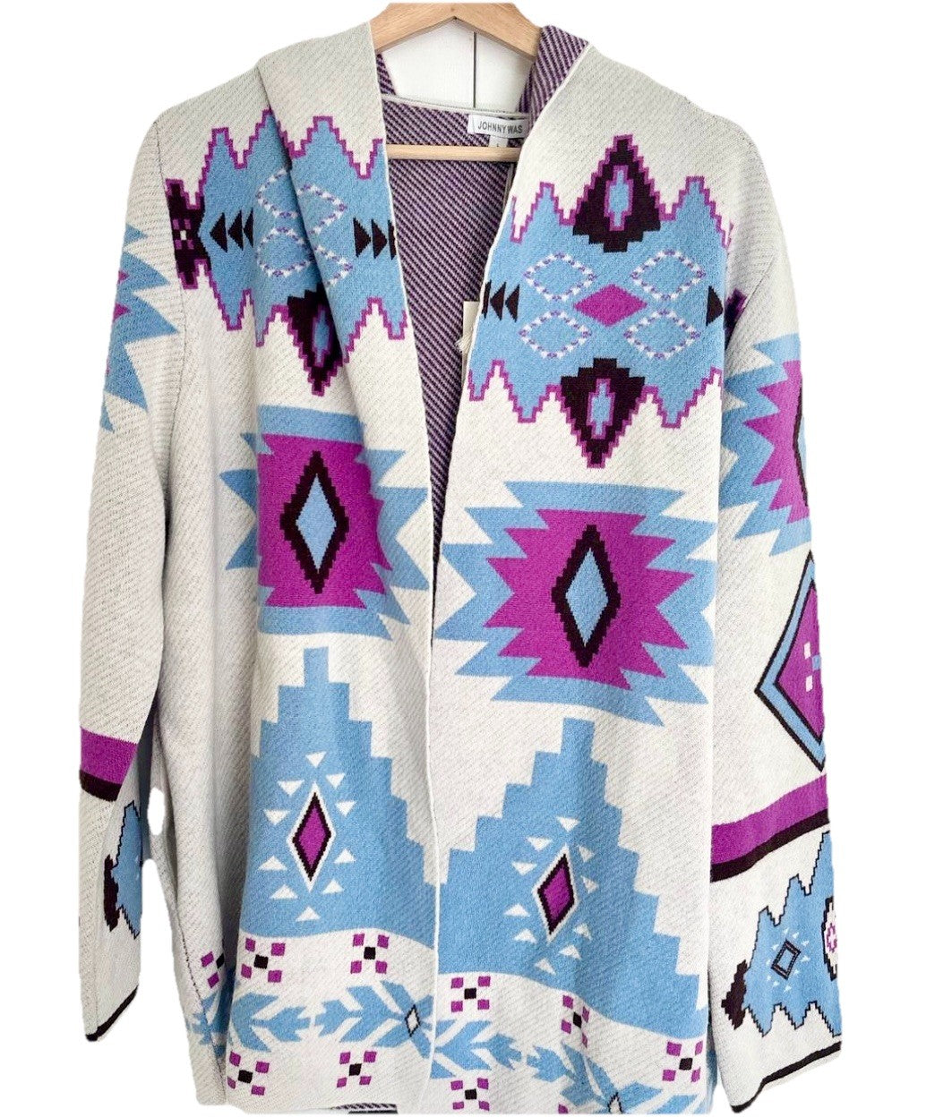 Johnny Was L White Purple & Blue Cashmere & Wool Cardigan Sweater Wrap $478 Johnny Was