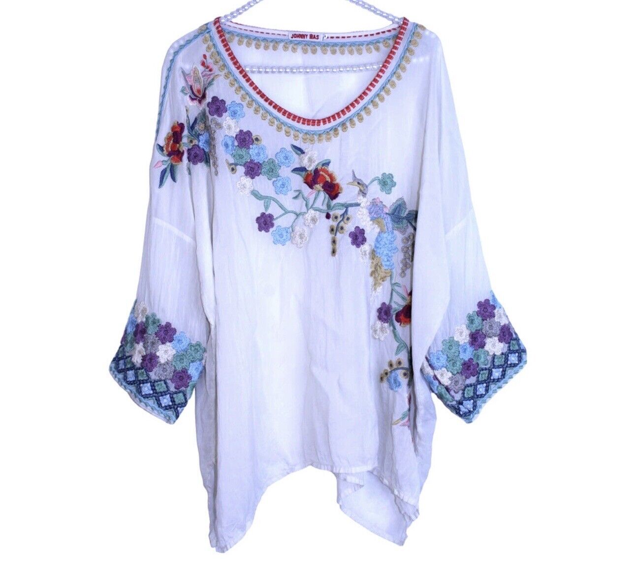 Johnny Was Sz XL Silky Soft White Tunic Top Embroidery Floral Birds Peacock