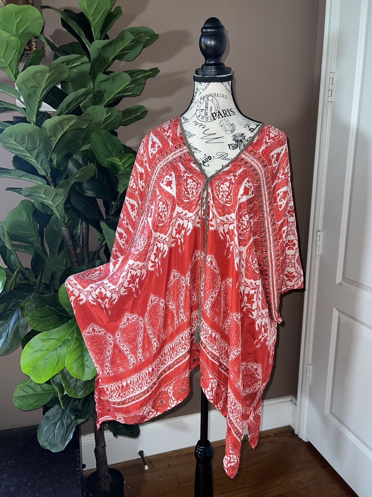 Johnny Was Red O/S 100% Silk Kimono Top Cover Up Leather Tassels & Sequins