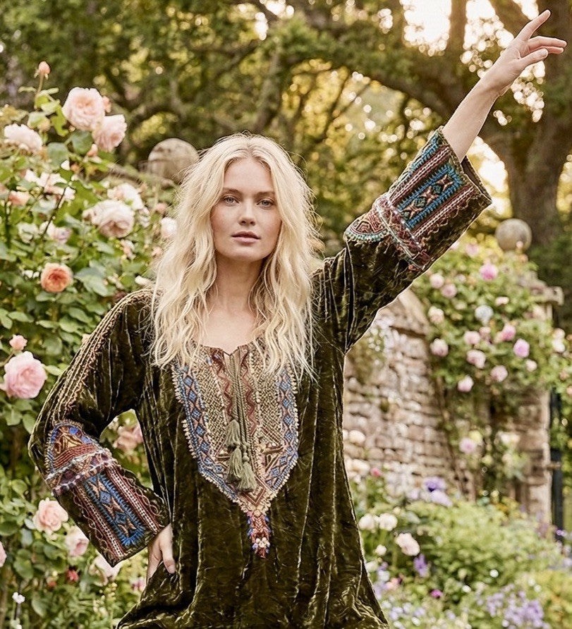 Johnny Was XL Olive Brown Velvet Peasant Blouse Embroidered Tunic Top Mini Dress Johnny Was