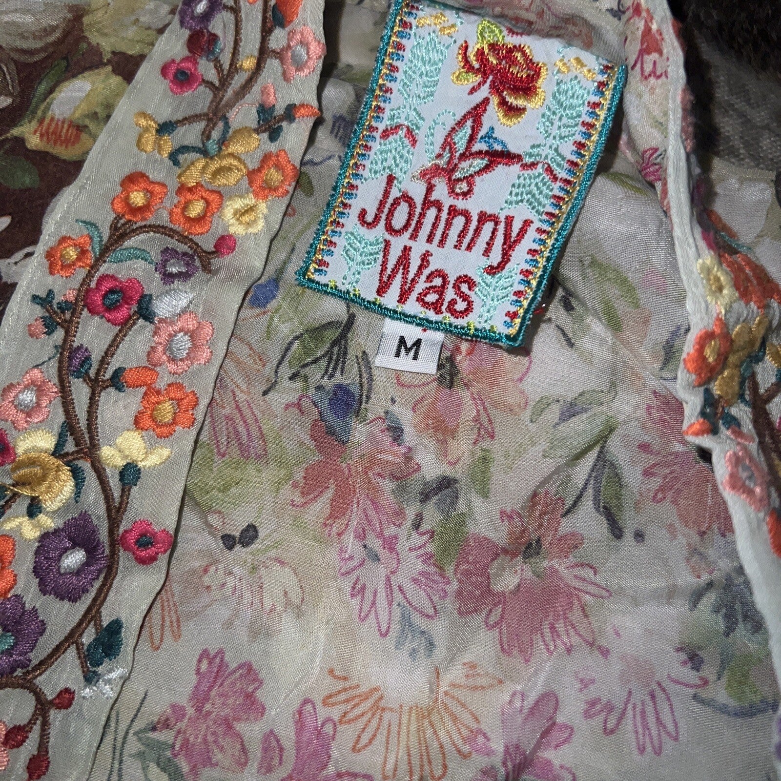 Johnny Was M Kimono Wrap Lightweight Floral Jacket Oversized Pockets Embroidery Johnny Was