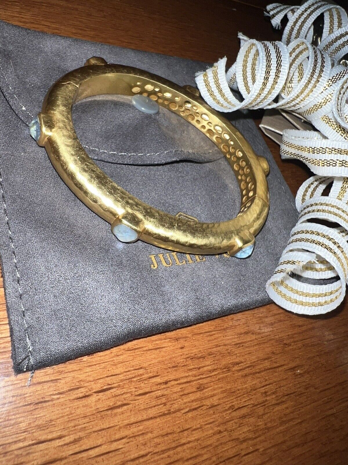 Julie Vos Hinged Bangle Bracelet W/ Light Blue Stones 24k Gold Plate