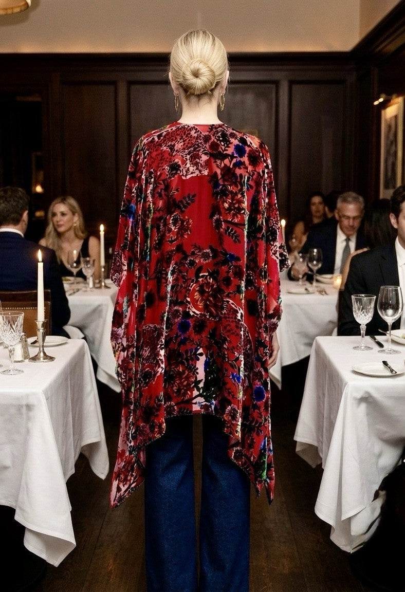 Johnny Was O/S Burnout Velvet Shawl Wrap Red Beaded Trim Bohemian Luxury Johnny Was