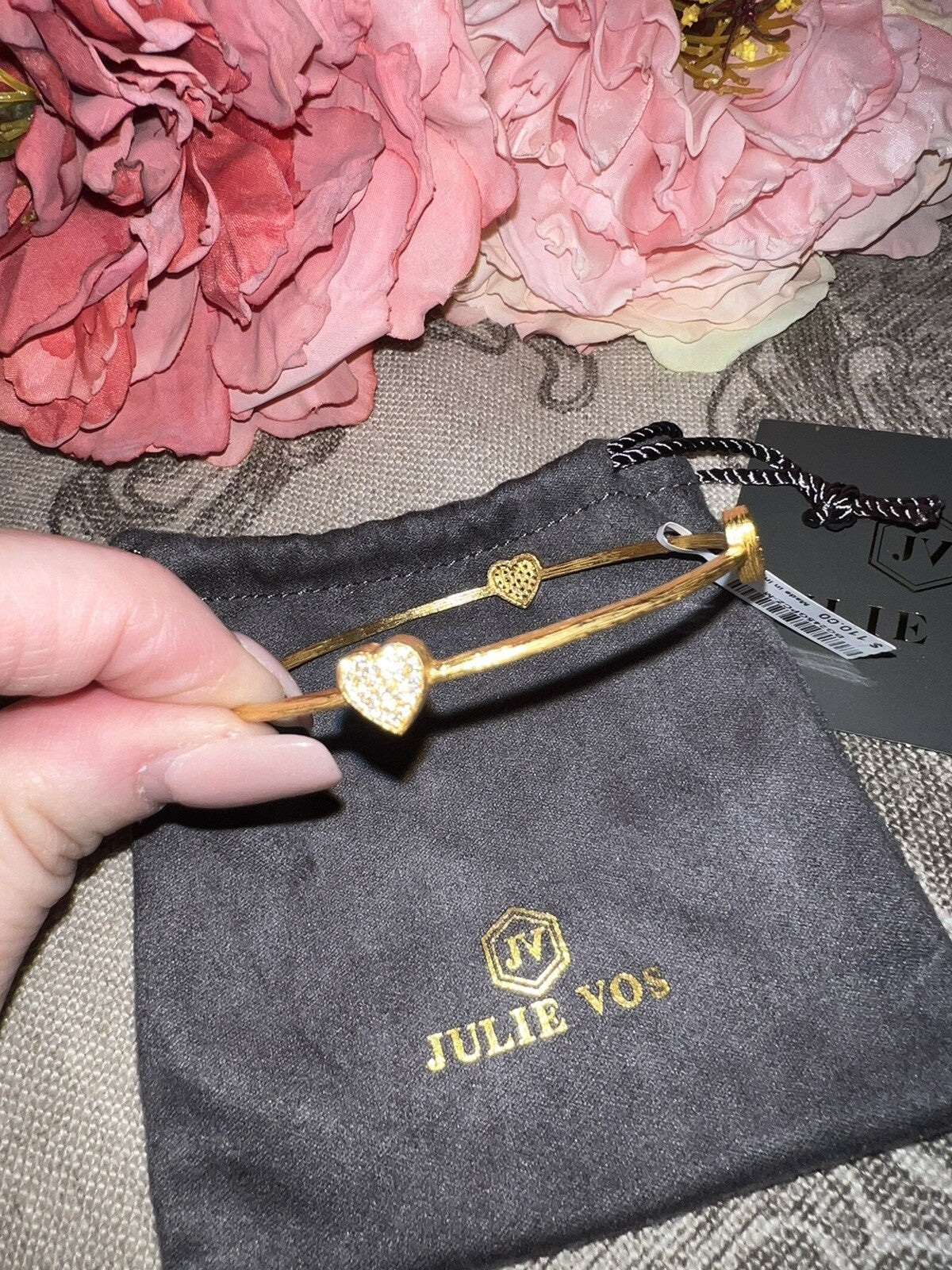 Julie Vos Clear CZ Four Station Pave Heart Bangle Bracelet 24k Plated Julie Vos