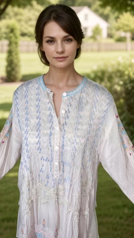 Johnny Was M Pale Pink Tunic Top Embroidered Silky Mini Dress Lightweight Cool Johnny Was