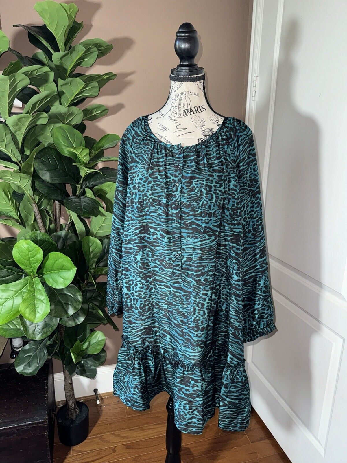 Johnny Was L Large 100% Silk Mini Shift Dress Babydoll Tunic Top Teal Green