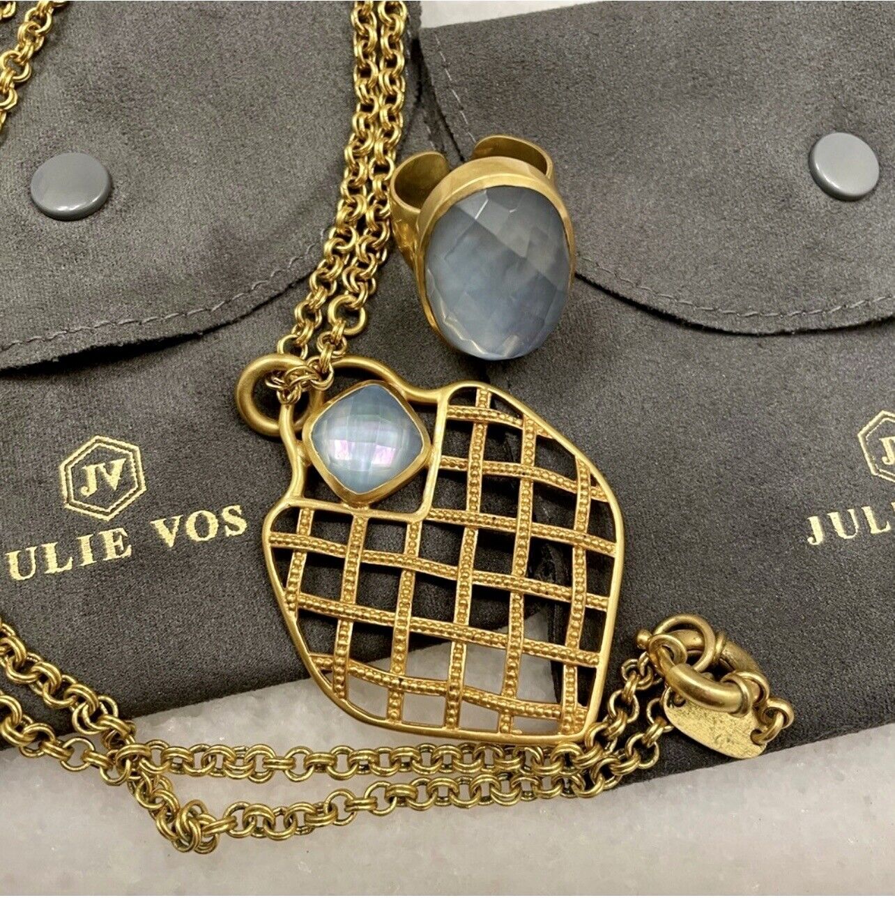 Julie Vos NECKLACE Basketweave 24k Gold Plated w/ Pendant Iridescent Blue Stone