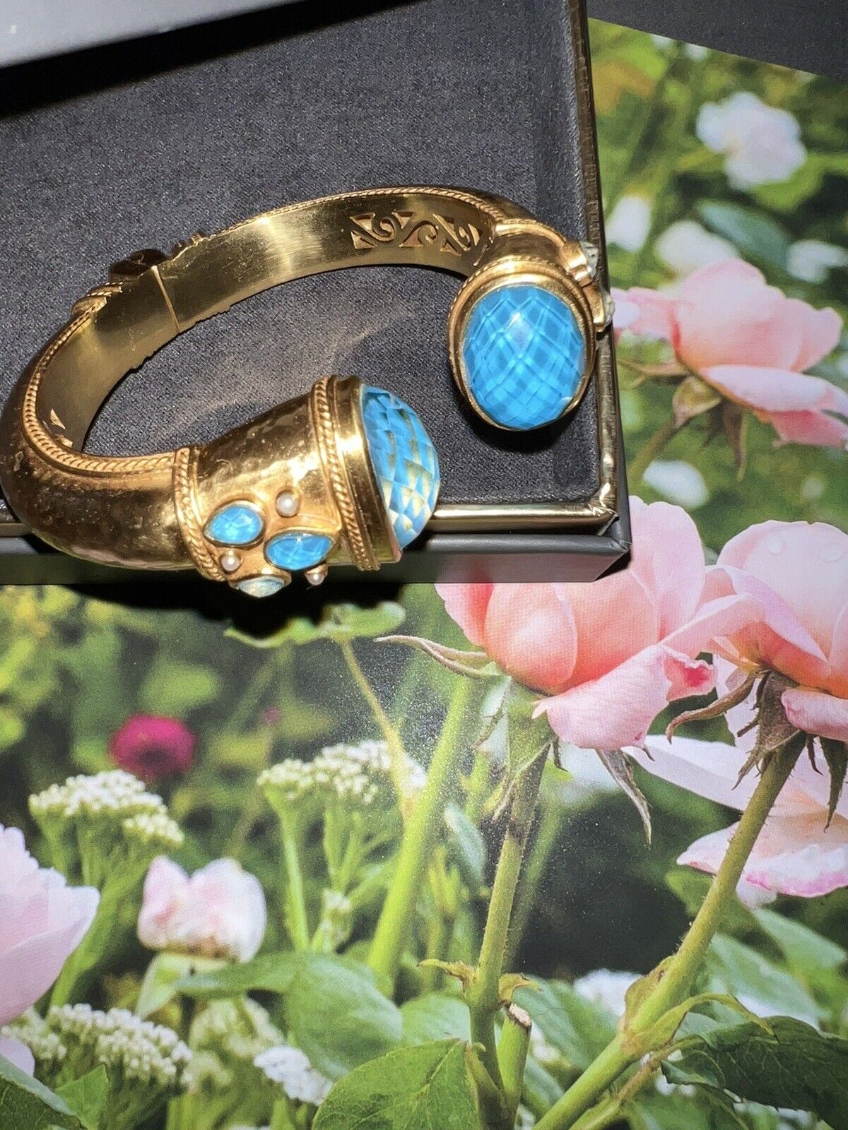 NEW Julie Vos Large Iridescent Blue Hinged Bangle Cuff Bracelet 24k Gold Plate