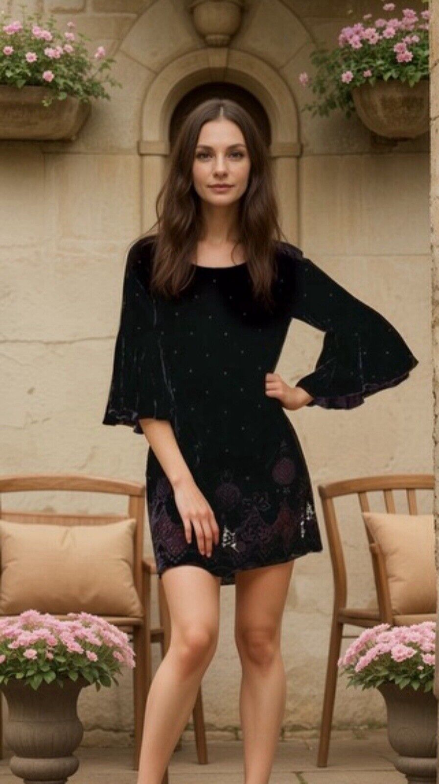 Johnny Was Large Black Velvet Mini Shift Dress Bell Sleeve  & Eyelet Lace