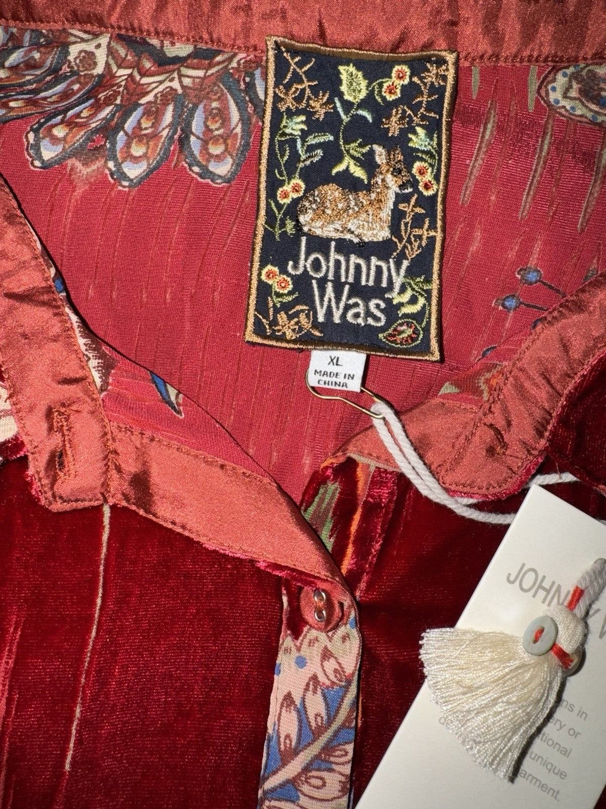 Johnny Was XL Red Burnout Velvet & Silk Button Up Blouse Tunic Top Shirt Johnny Was