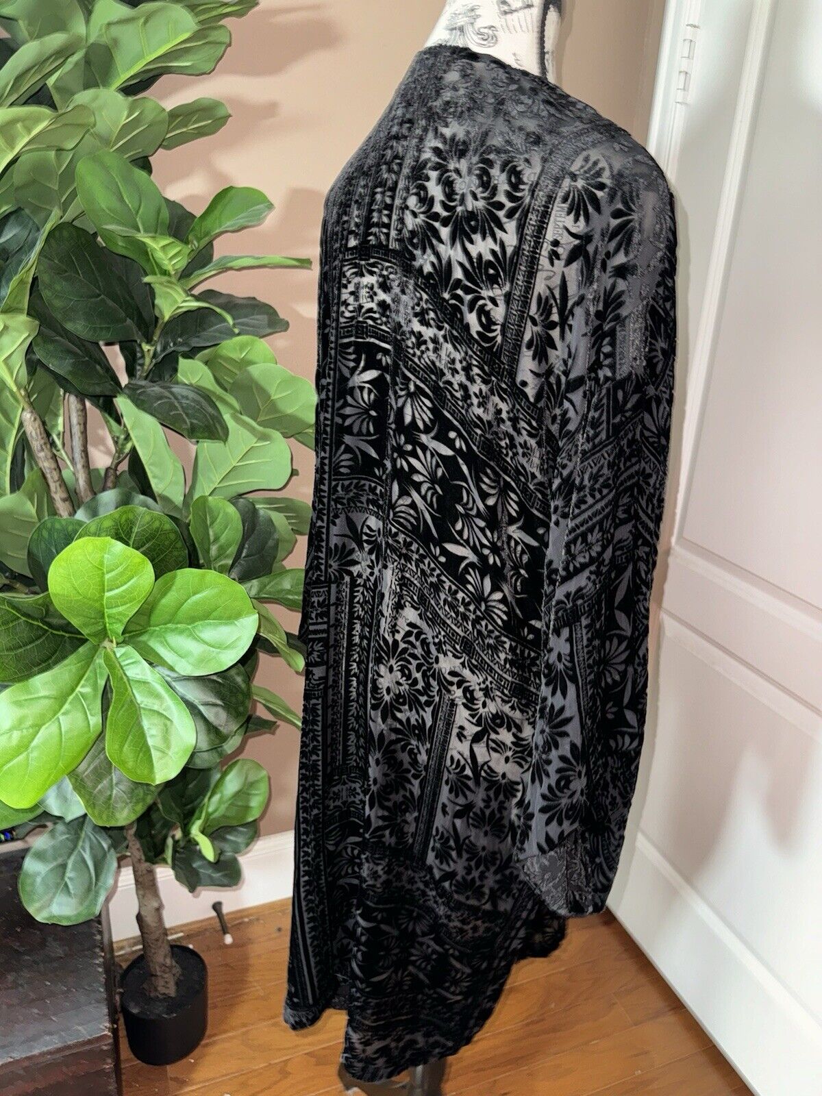 Johnny Was XL Black Burnout Velvet Long Kimono Duster Wrap Jacket