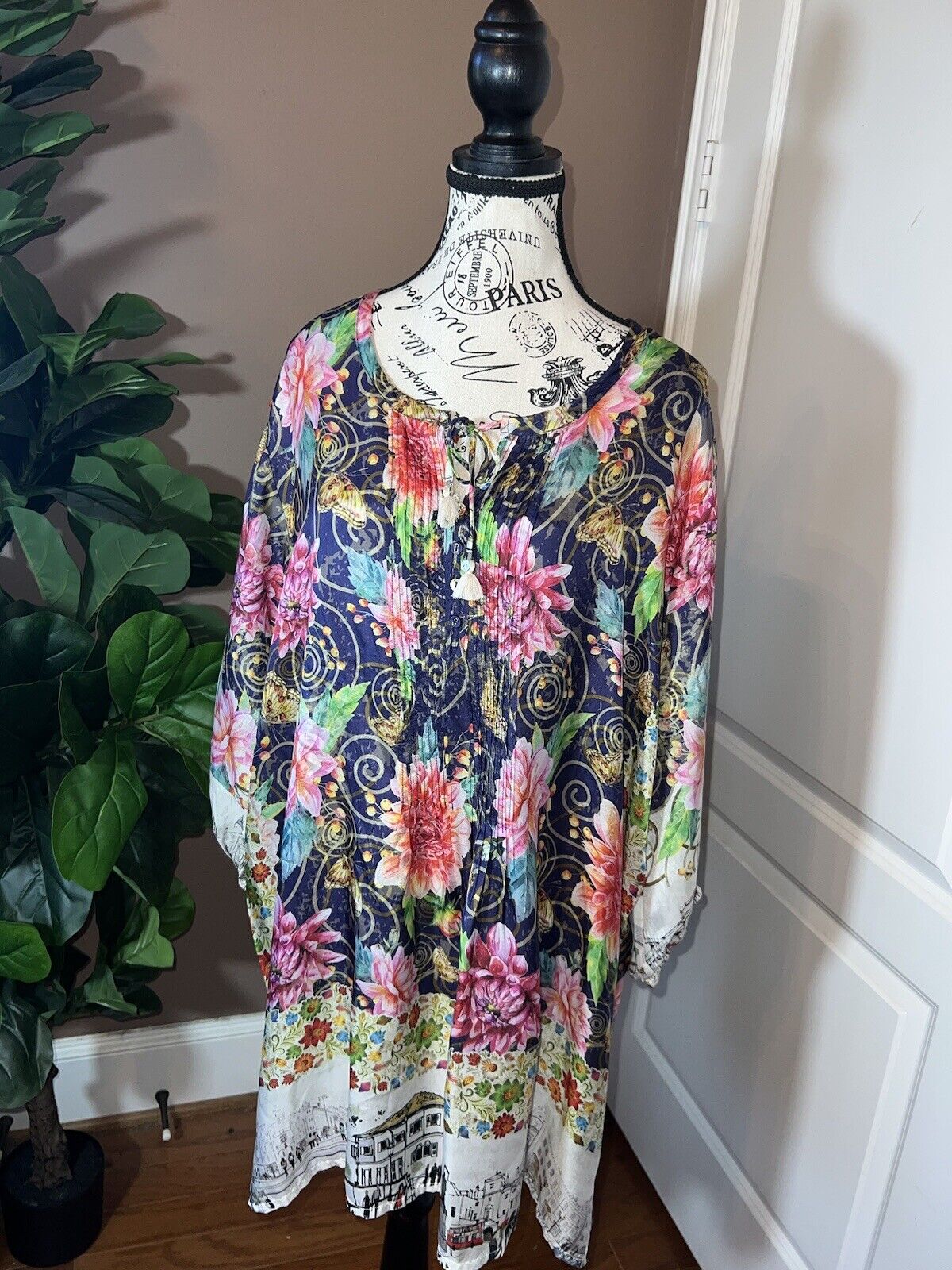 Johnny Was 100% Silk Tunic Top Tassels Jewel Tone XL 1X 1XL Floral &City