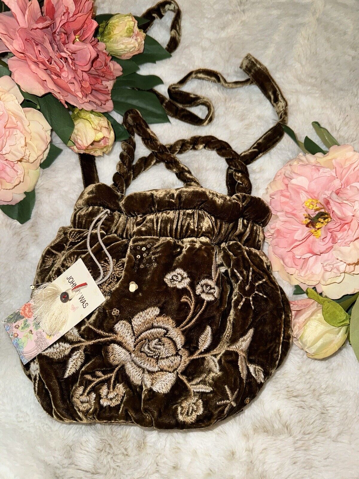 Johnny Was Gold Brown Velvet Embroidered Hobo Bucket Bag Tote Purse Crossbody