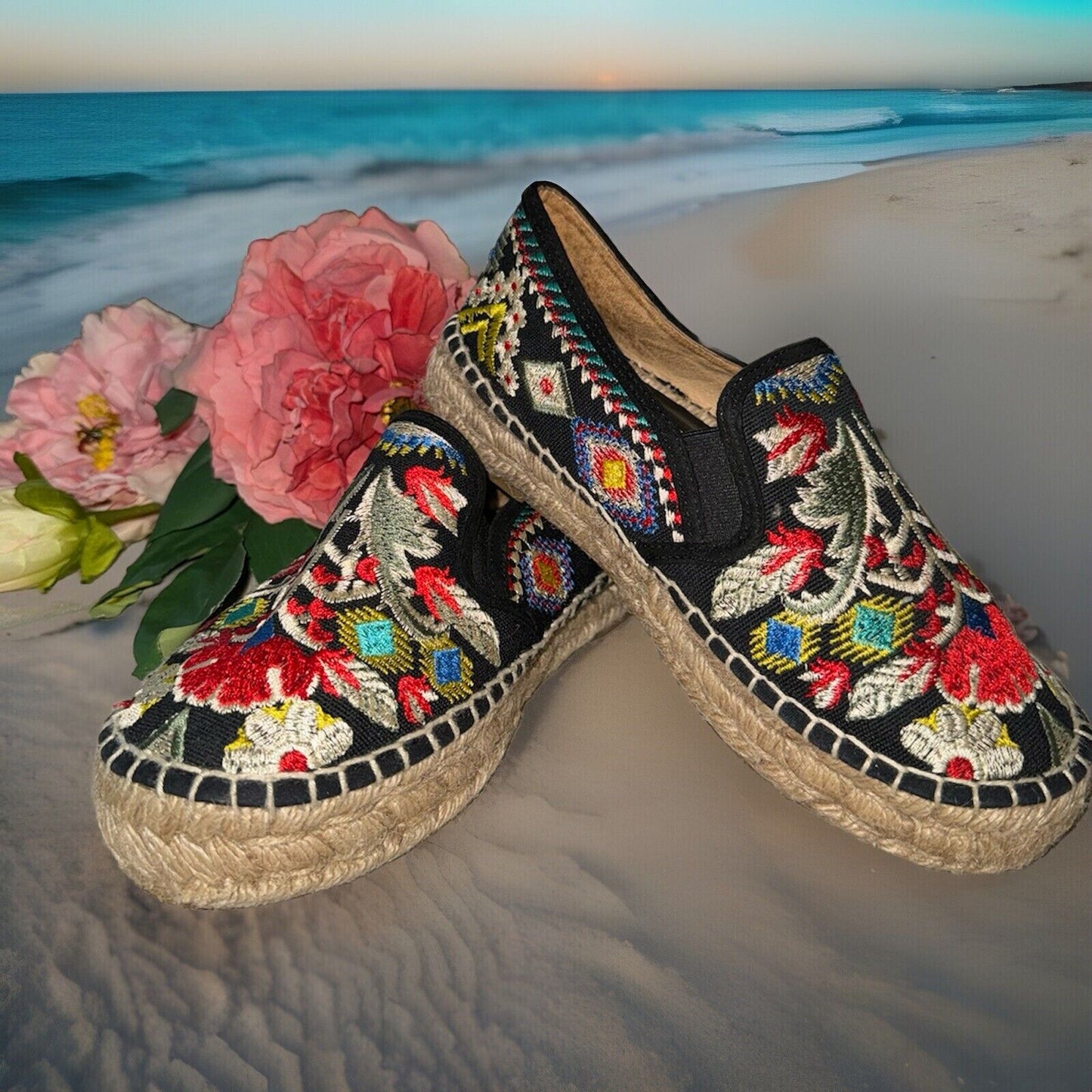 Johnny Was Black Floral Embroidered Espadrilles Sz 37 US 7  Worn Once!