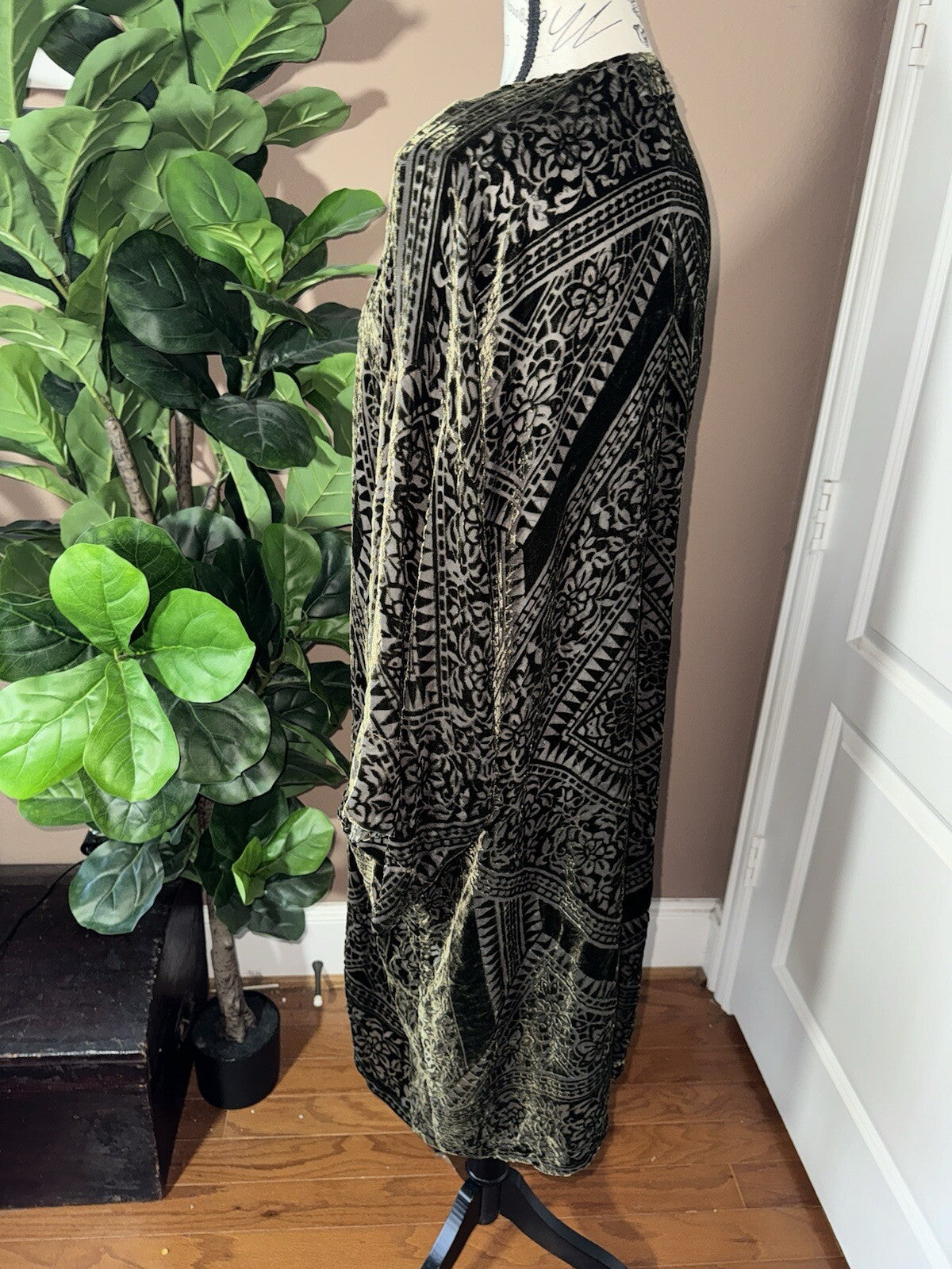 Johnny Was XL Deep Green Burnout Velvet Long Kimono Duster Wrap Jacket Coat Johnny Was