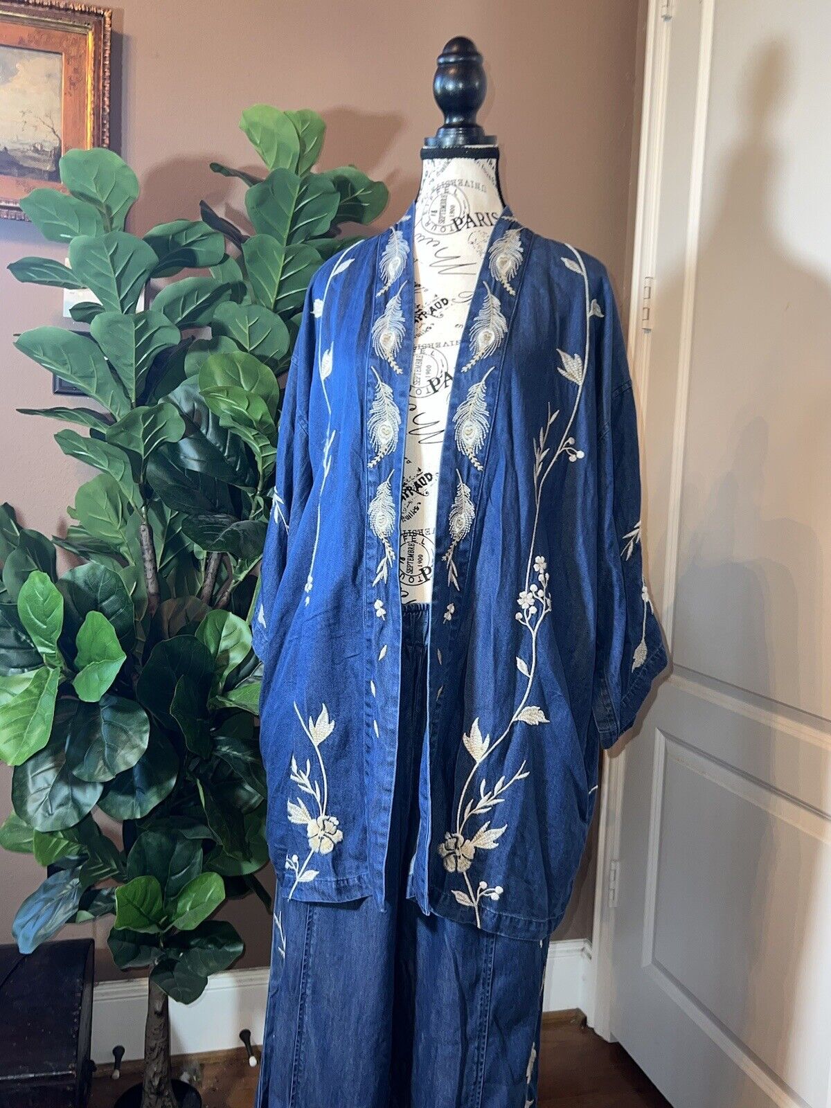 Johnny Was 2pc Set Denim XL Kimono & L Wide Leg Pants Embroidered Crane RARE