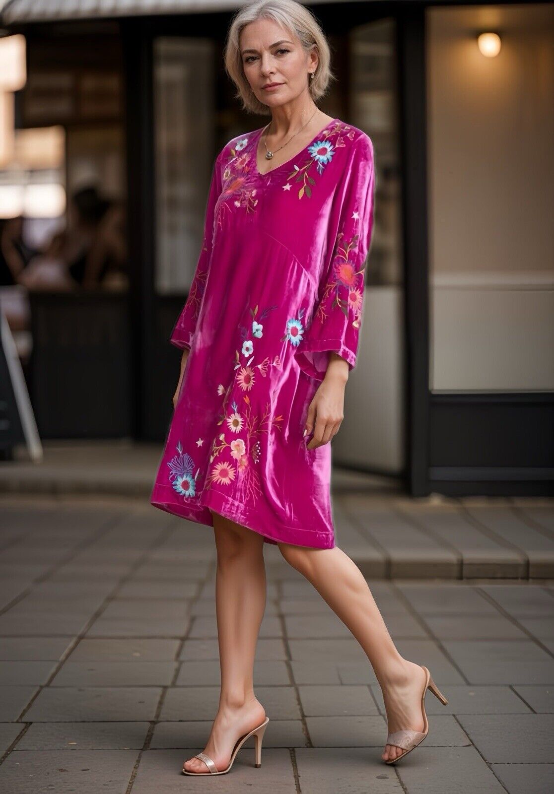 Johnny Was Sz XL Hot Pink Velvet Embroidered Shift Tunic Mini Dress FUSCIA