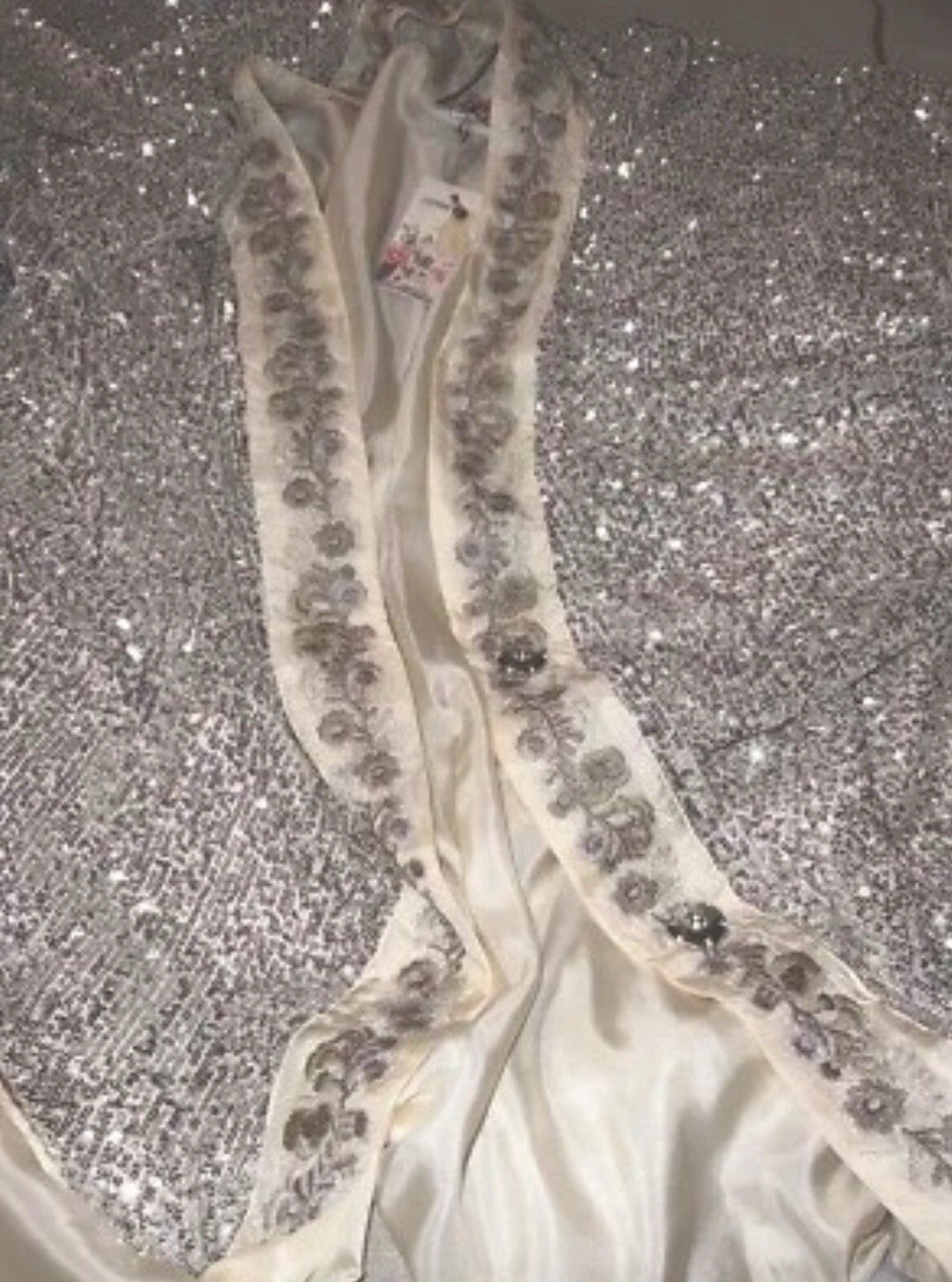 Johnny Was M Silk & Sequins Ivory KIMONO Long Duster Wrap PTP-28” OVERSIZED Johnny Was