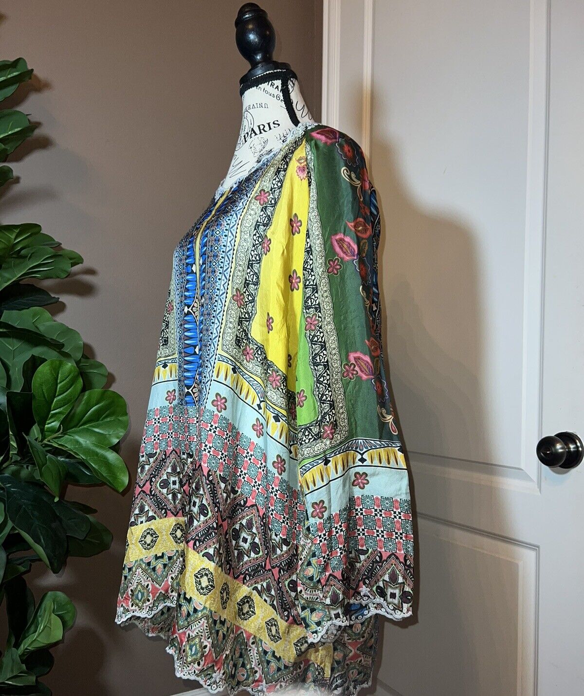 100% Silk Johnny Was Tunic Top 1X 1XL Kimono Sleeves Colorful Spring