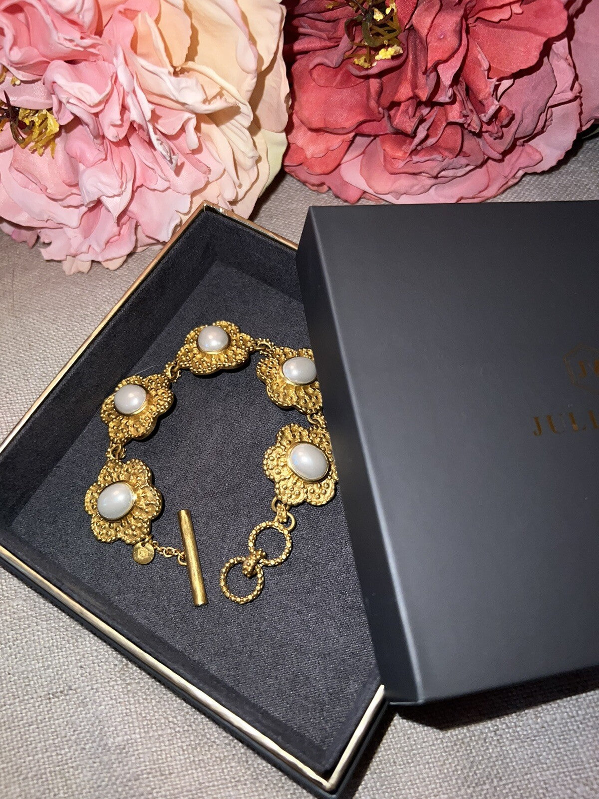 Julie Vos Pearl Colette Flower Link Toggle Bracelet 24K Gold Plated Julie Vos