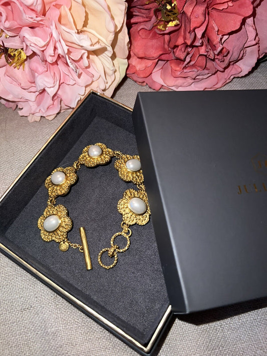 Julie Vos Pearl Colette Flower Link Toggle Bracelet 24K Gold Plated Julie Vos