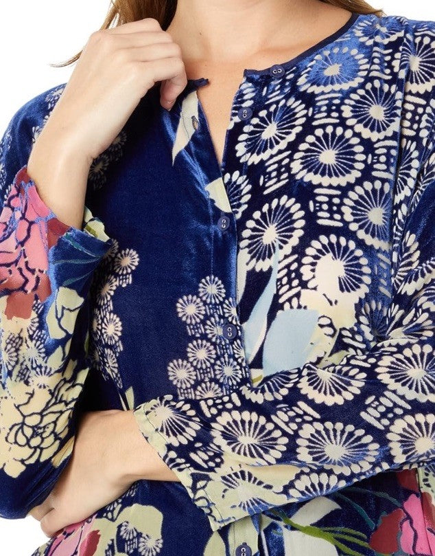 Johnny Was 2X Plus Blue Burnout Velvet Button Up Blouse Shirt Tunic Top Johnny Was