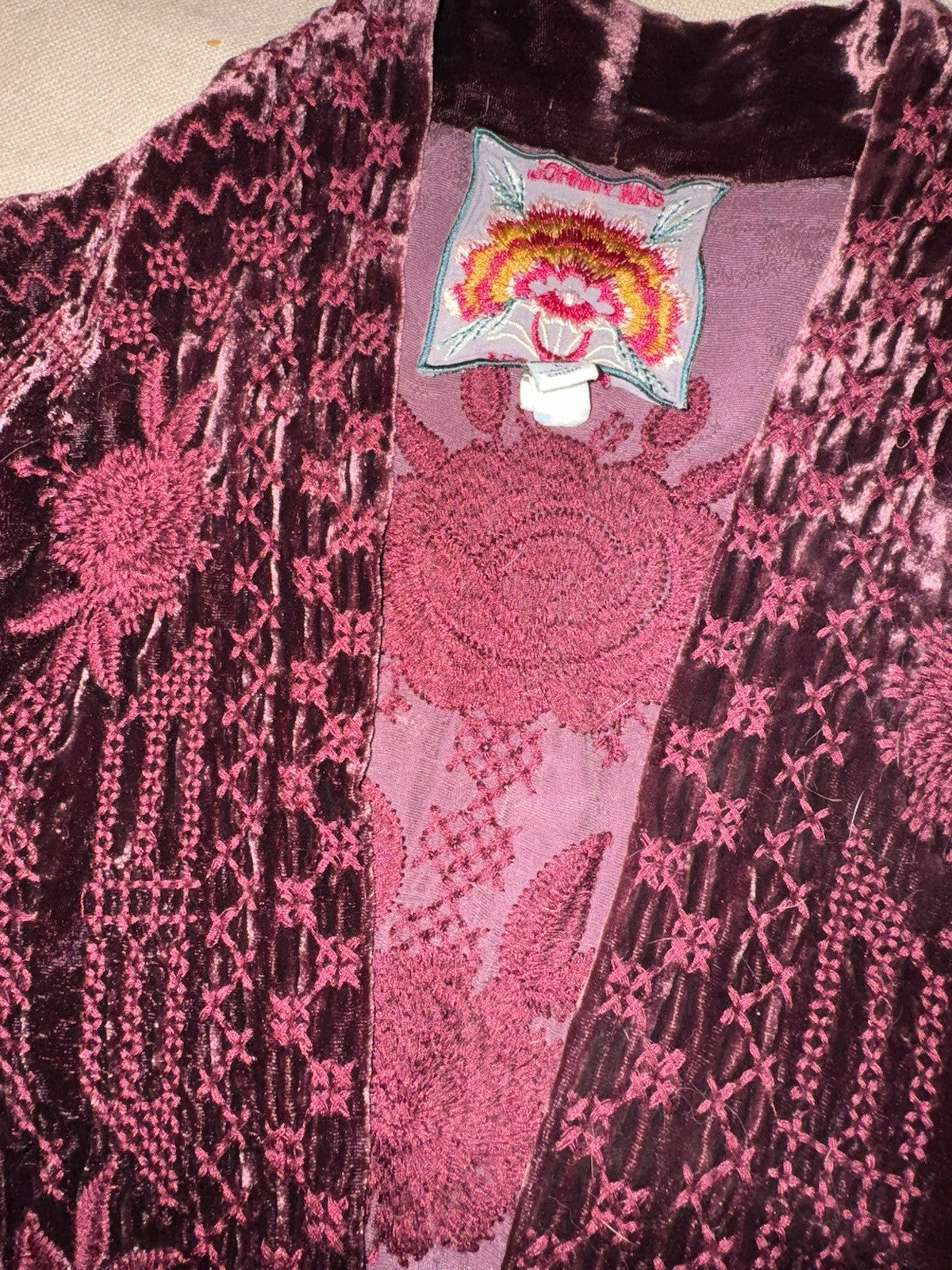Johnny Was XL Wine Red Velvet Kimono Wrap Embroidery Cardigan Lightweight Jacket Johnny Was