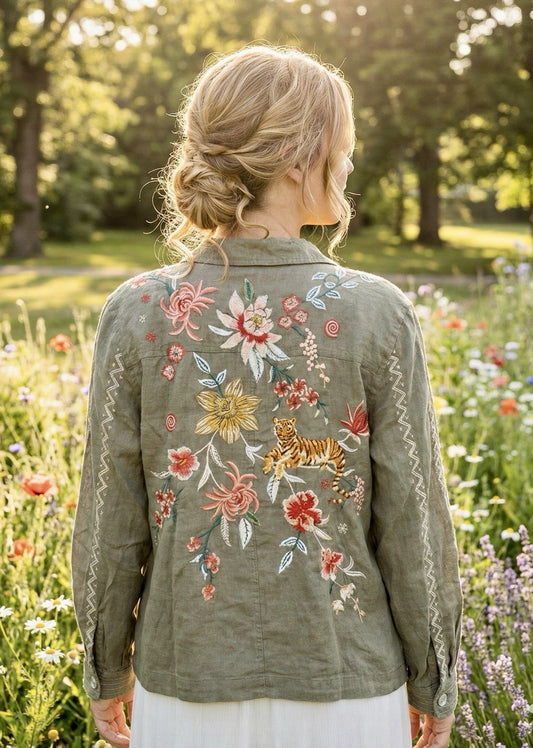 Johnny Was 3X Olive Linen Worker Jacket Coat Embroidered Tigers & Roses Johnny Was