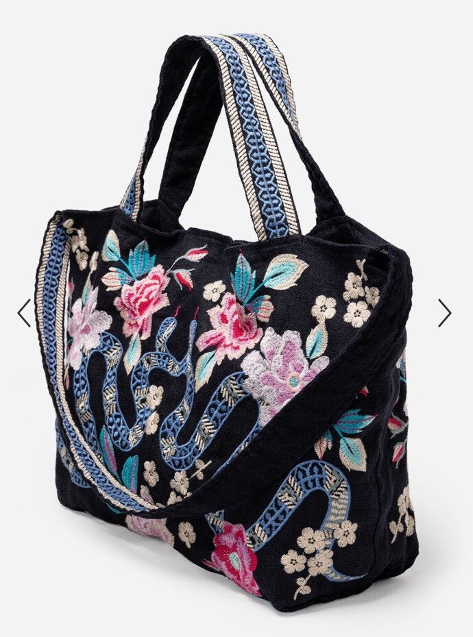 Johnny Was Large Black Embroidered Hobo Bag Tote Purse Crossbody Snakes & Roses Johnny Was