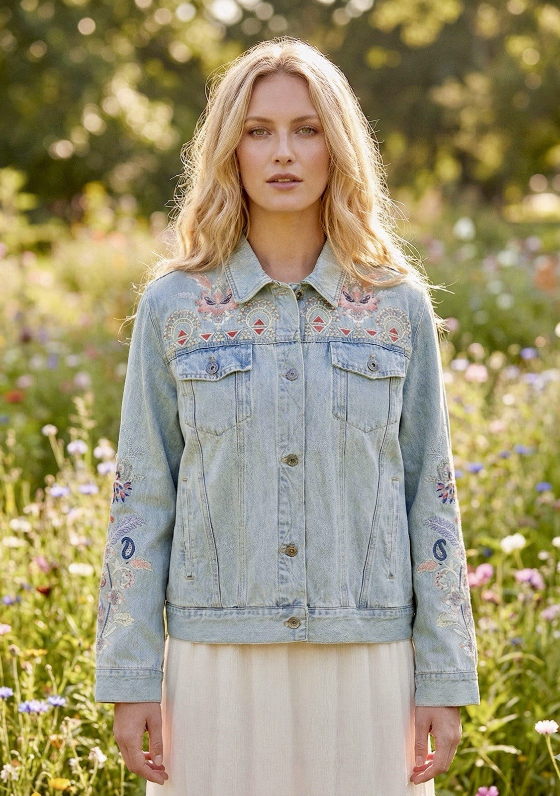 Johnny Was XL Denim Jacket Worker Coat Embroidered Phoenix Bird Light Wash Johnny Was