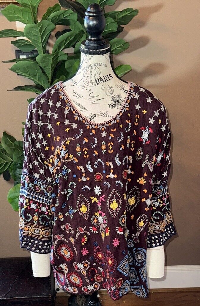 Johnny Was 3x 3XL Tunic Top Maroon Wine Silky Shirt Peasant Blouse Embroidered