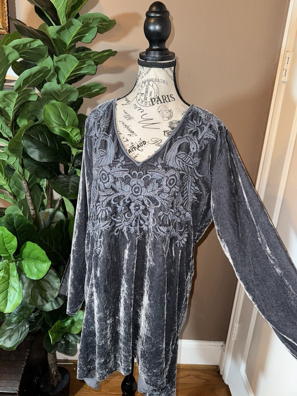 Johnny Was Grey Velvet Tonal Embroidered Mini Dress Or Tunic Top L Large