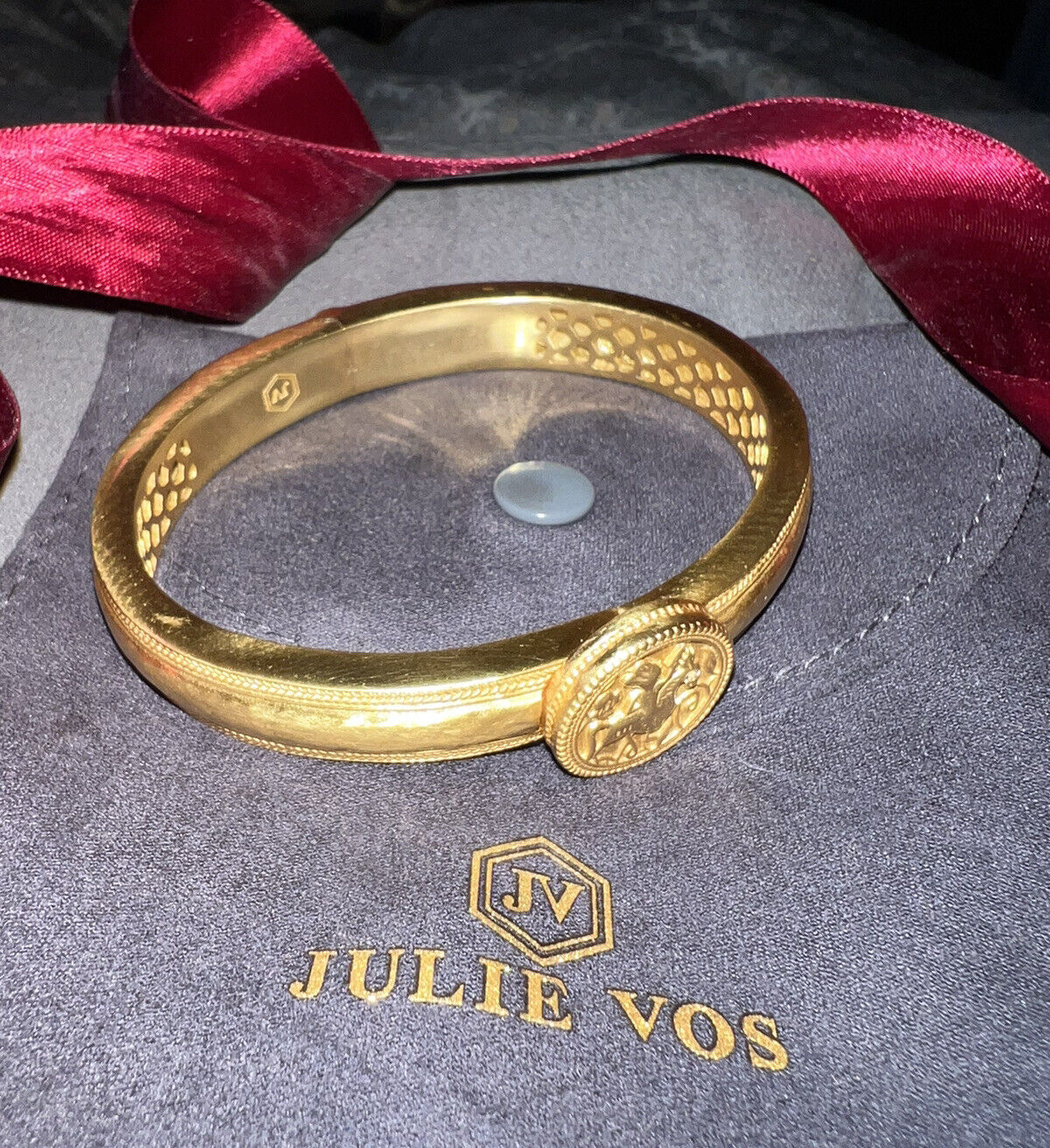 NEW Julie Vos Coin Medallion Hinged Cuff Bangle Bracelet 24k Gold Plated & CZ